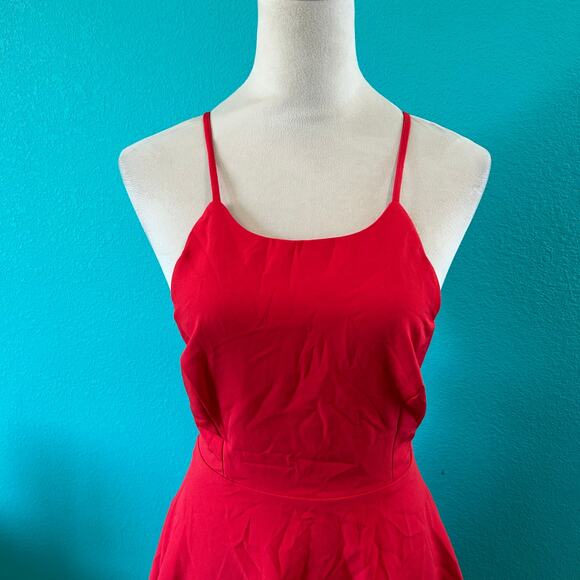 Lulus Red Play On Curved Scalloped High Neck Lace Back Mini Dress Party Size S - Picture 4 of 8